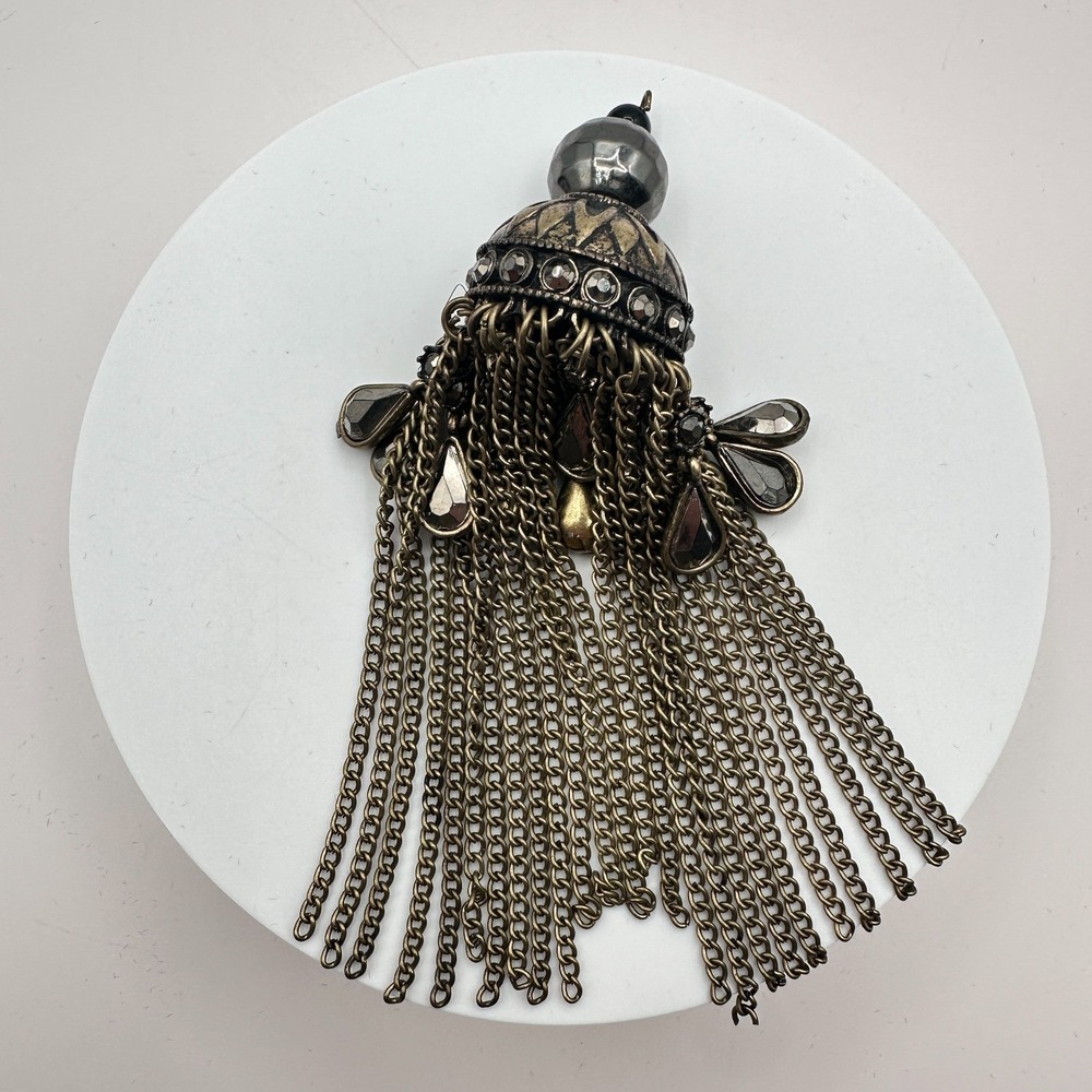 Vintage Brass Dome Tassel Pendant Charm Jhumka Gothic Rhinestone